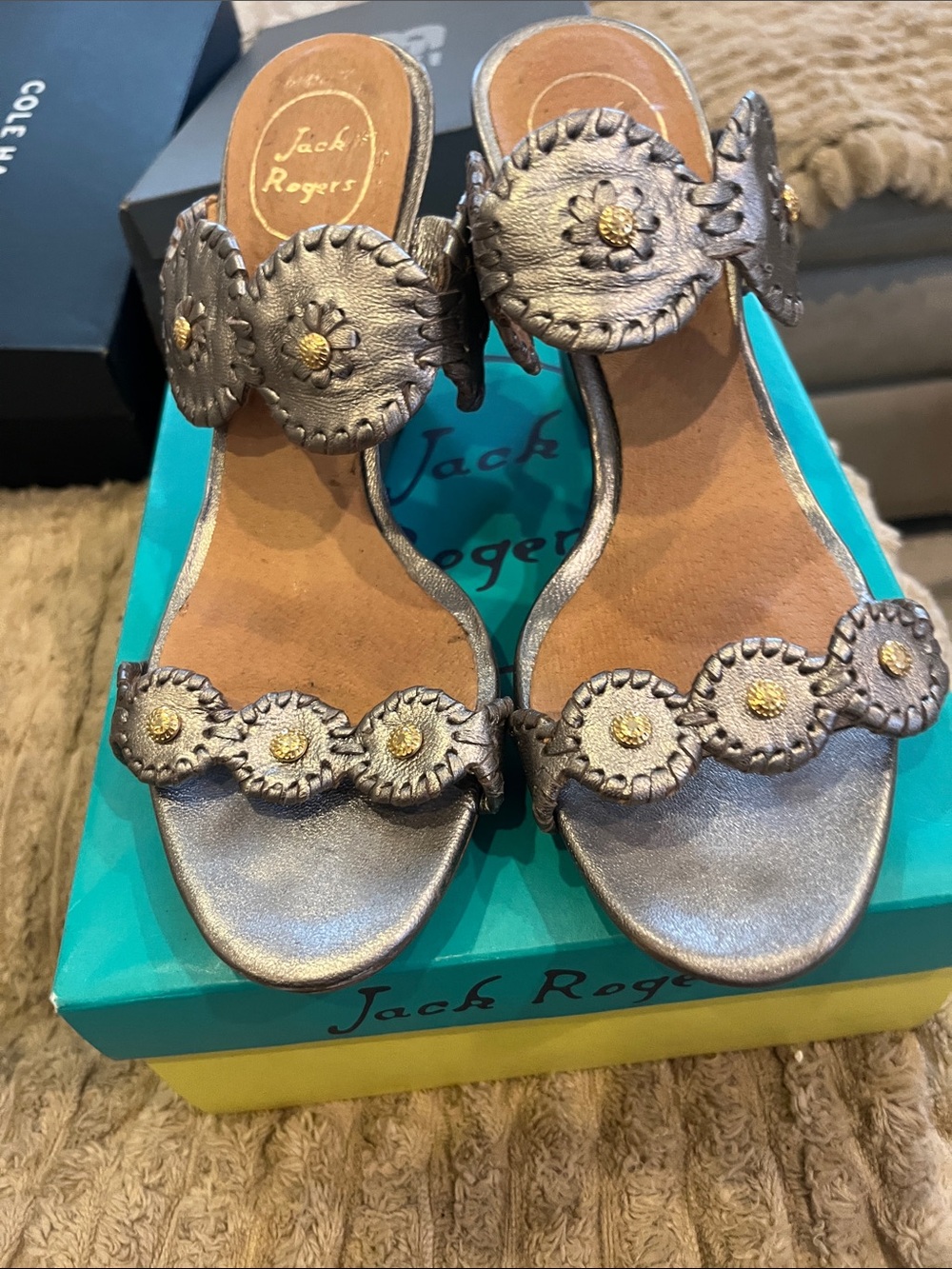 Jack Rogers Metallic Silver Leather Slide Sandals with Gold Accents